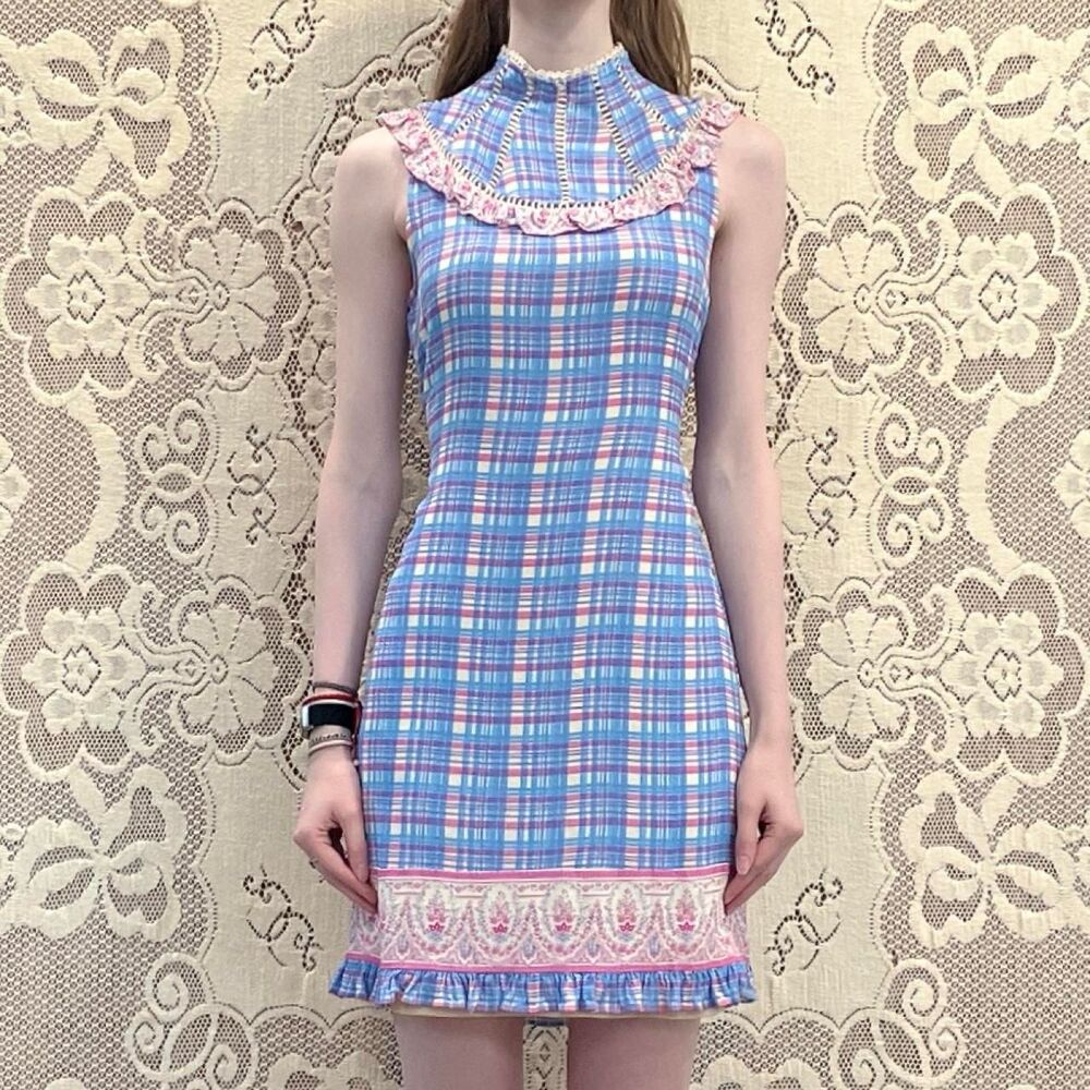 Anthropologie Women's Blue & Pink Pastel Baby Blue & Pink Plaid Ruffle Dress